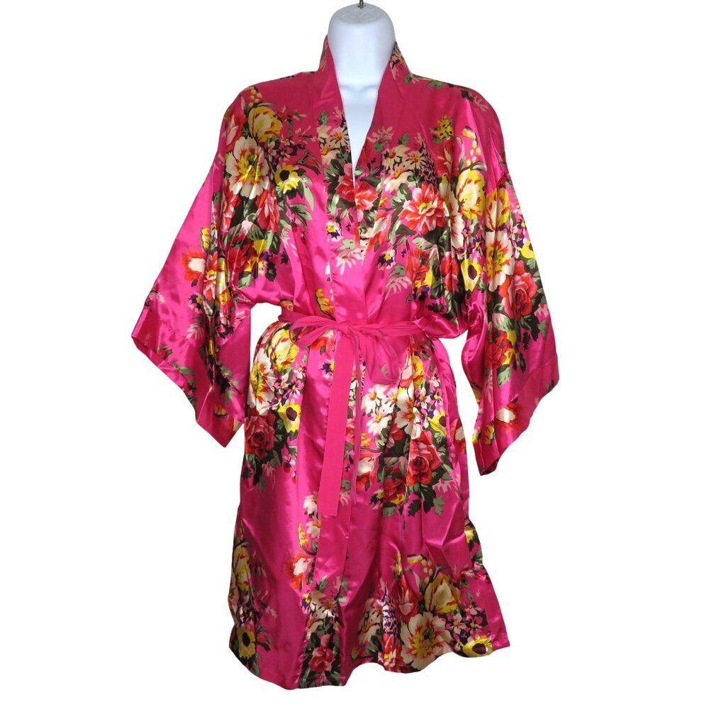 New Ms Lovely Hot Pink Floral Satin Kimono Robe M/L Knee Length Pockets Belted